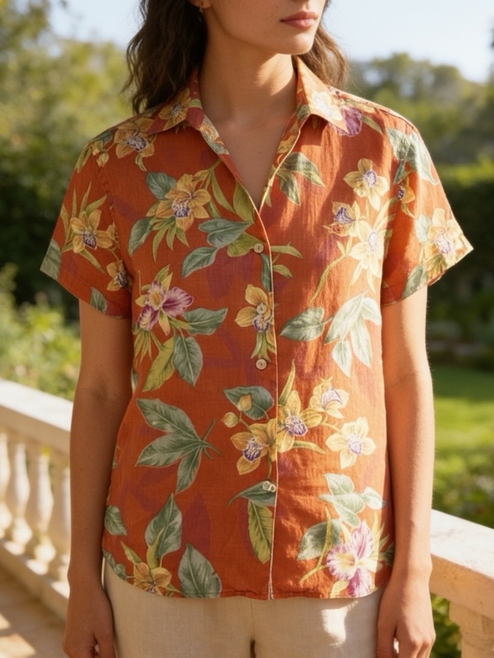 Lauren Ralph Lauren Hawaiian Flora Print Button Up Linen Shirt Orange Sz L